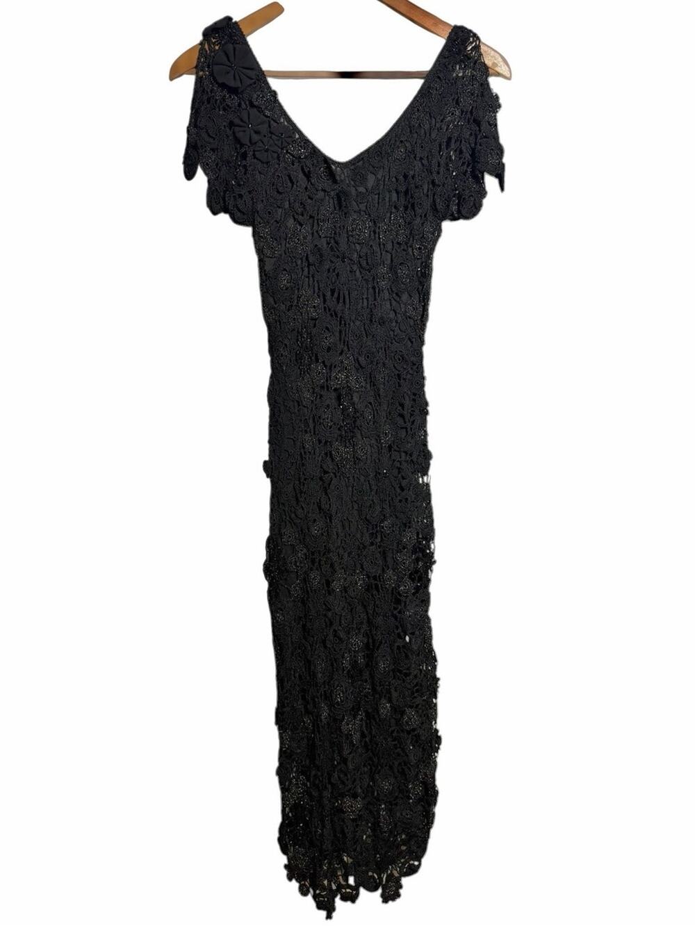 Cache Black Crochet Lace Floral Appliqué Maxi Dress Y2K Size 4 Gothic Romantic